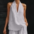 thumbnail image 5 of Cutuoiiu Women's Casual Solid Color Two Piece Outfit, Sleeveless V Neck Halter Top and High Waist Wide Leg Pockets Pants for Summer Vacation, 5 of 8
