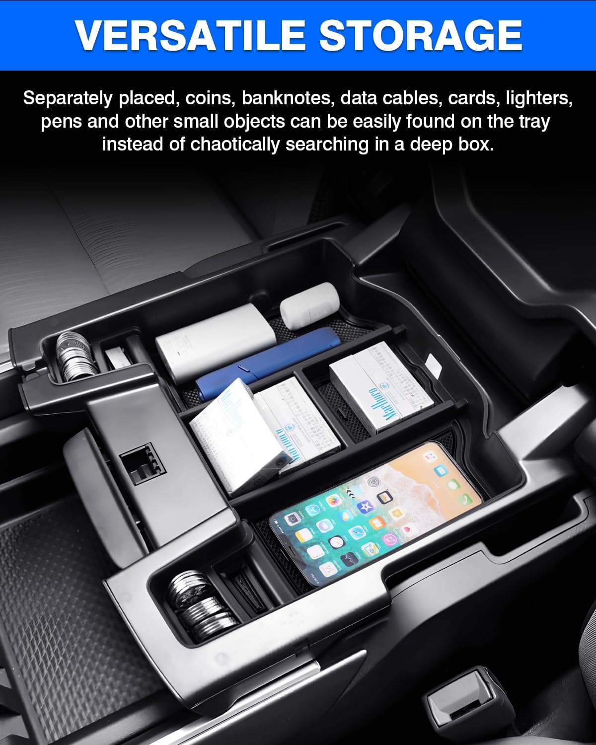 Canvcle Center Console Organizer for 2019-2025 Dodge RAM 1500 2500 3500 Accessories Armrest Storage Box Secondary Insert Tray with 2 Color Mats (Full Console w/Bucket Seats ONLY)