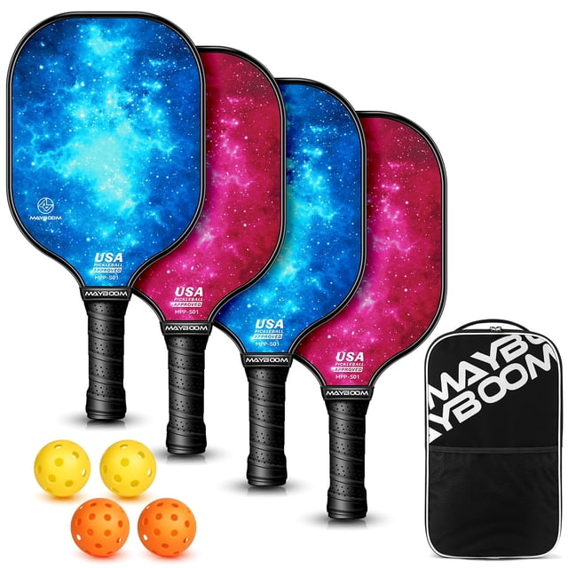 Juego de palas de pickleball Mayboom Fiberglass, paquete de 4 con pelotas y bolsa