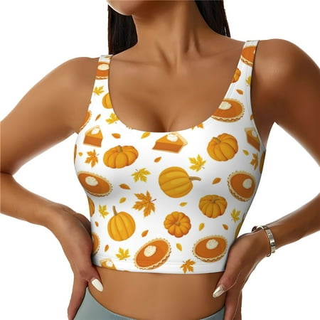 Fotbe Pumpkin Maple Leaves Pattern Womens  Sports Bra Longline Wirefree Padded with Medium Support Sports Moisture-Wicking Workou Vest Tank Top-