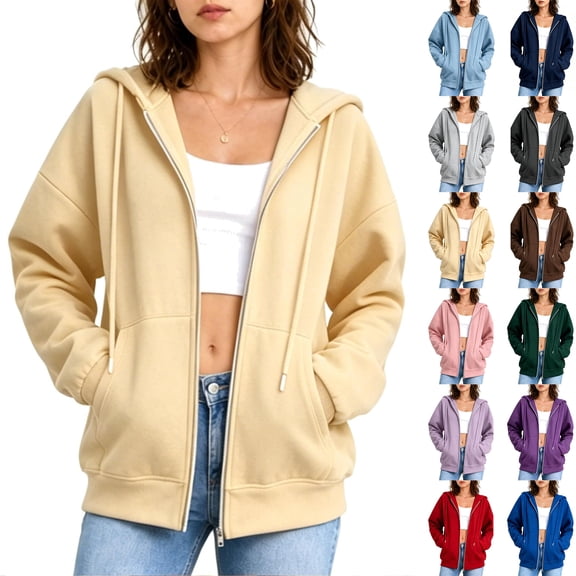 Womens Fall Coats Zip Up Hoodie Oversized Long Sleeve Drawstring Hooded Sweatshirt Jacket with Pockets XXL