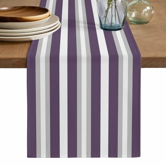 Purple Grey Stripe Table Runner, Minimalist Farmhouse Striped Washable Cotton Linen Table Runners 120 Inches Long, Dresser Scarf Runner for Dining/Living Room/Kitchen/Square Tables 13''x120''