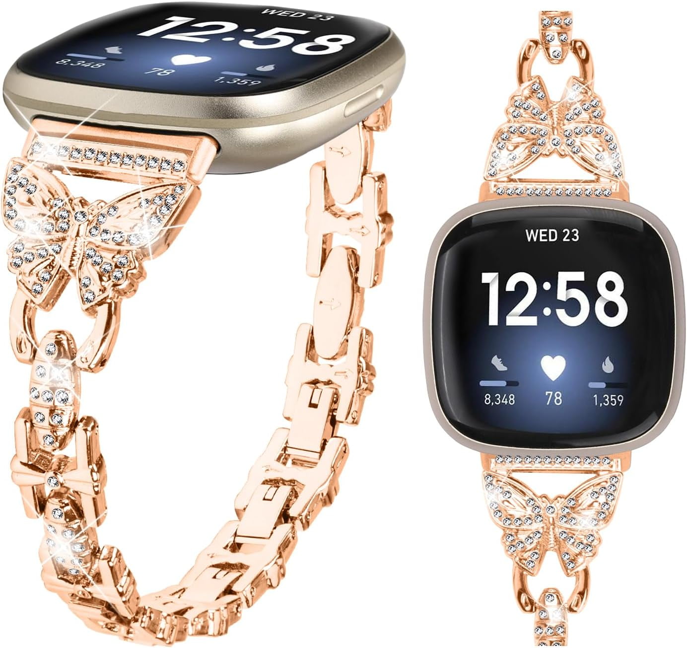 REQO Bling Bands Compatible with Fitbit Versa 4/Sense 2/Versa 3/Sense, Shinny Metal Bracelet Straps Luxurious Rhinestone Replacement Wristband for Women