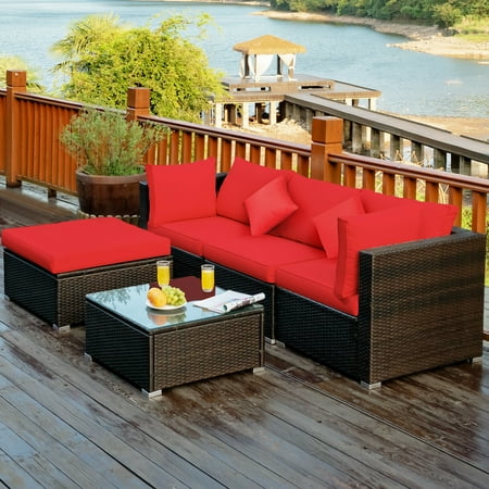 Patiojoy 5 Piece Outdoor Patio Sectional Rattan Sofa Set With Soft Back And Seat Cushion Red Canada Outdoor Patio Sectional Rattan Sofa Set, Lakeside 3 Piece Outdoor Sofa Armless Chairs And Coffee Table Set
