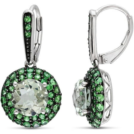 Tangelo 5-1/4 Carat T.G.W. Green Amethyst and Tsavorite Sterling Silver with Black Rhodium Halo Leverback Earrings