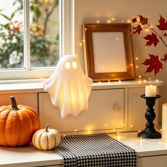 Halloween Light Up Ghost Tabletop Ornament, Warm LED Eyes Spooky Ghost Figurine for Mantel Entryway Bedroom Holiday Home Decor