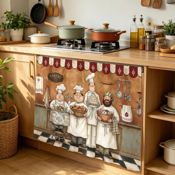 Retro Cartoon Chef Cabinet Curtains for Kitchen 35"W x 35"L, Cook Vintage Medieval Food Farmhouse Laundry Sink Cabinets Magic Tape Short Curtain Privacy Panel for Bathroom Vanity Cabinets