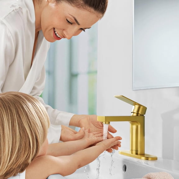 Gold Bathroom Faucet 1 Hole, Single Handle Bathroom Vanity Sink Faucet with Deck Plate & Metal Pop-Up Drain & Supply Lines, Gold Brushed Finish