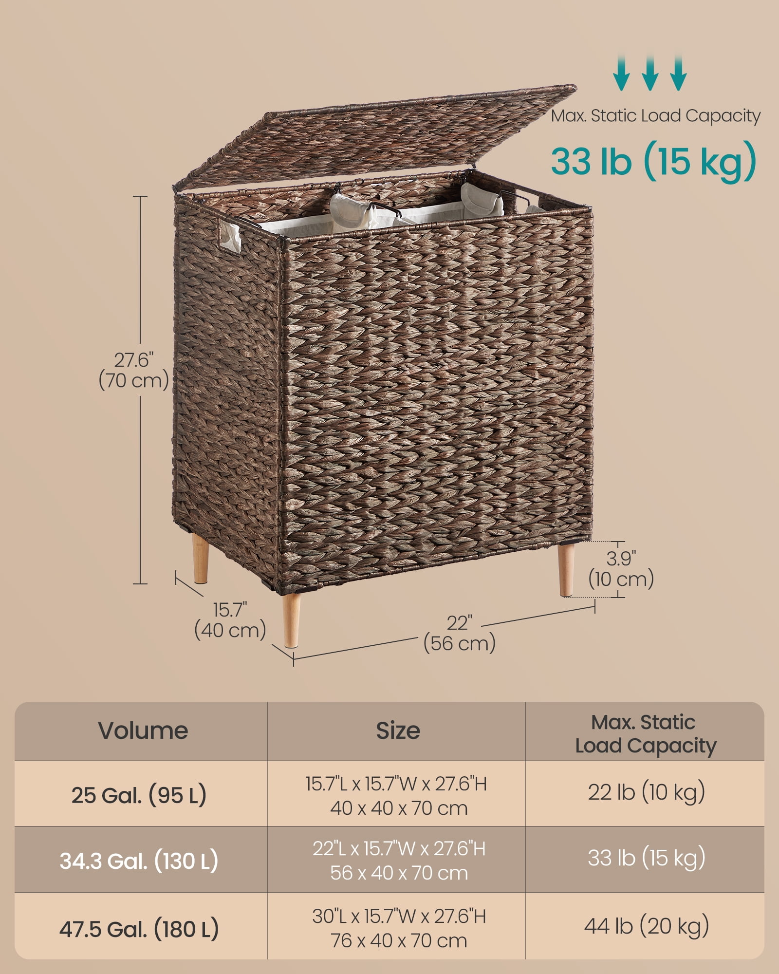 34.3 Gal. Laundry Hamper, 2-Section Handwoven Water Hyacinth Wicker Laundry Basket with Lid, Removable Liners, Espresso