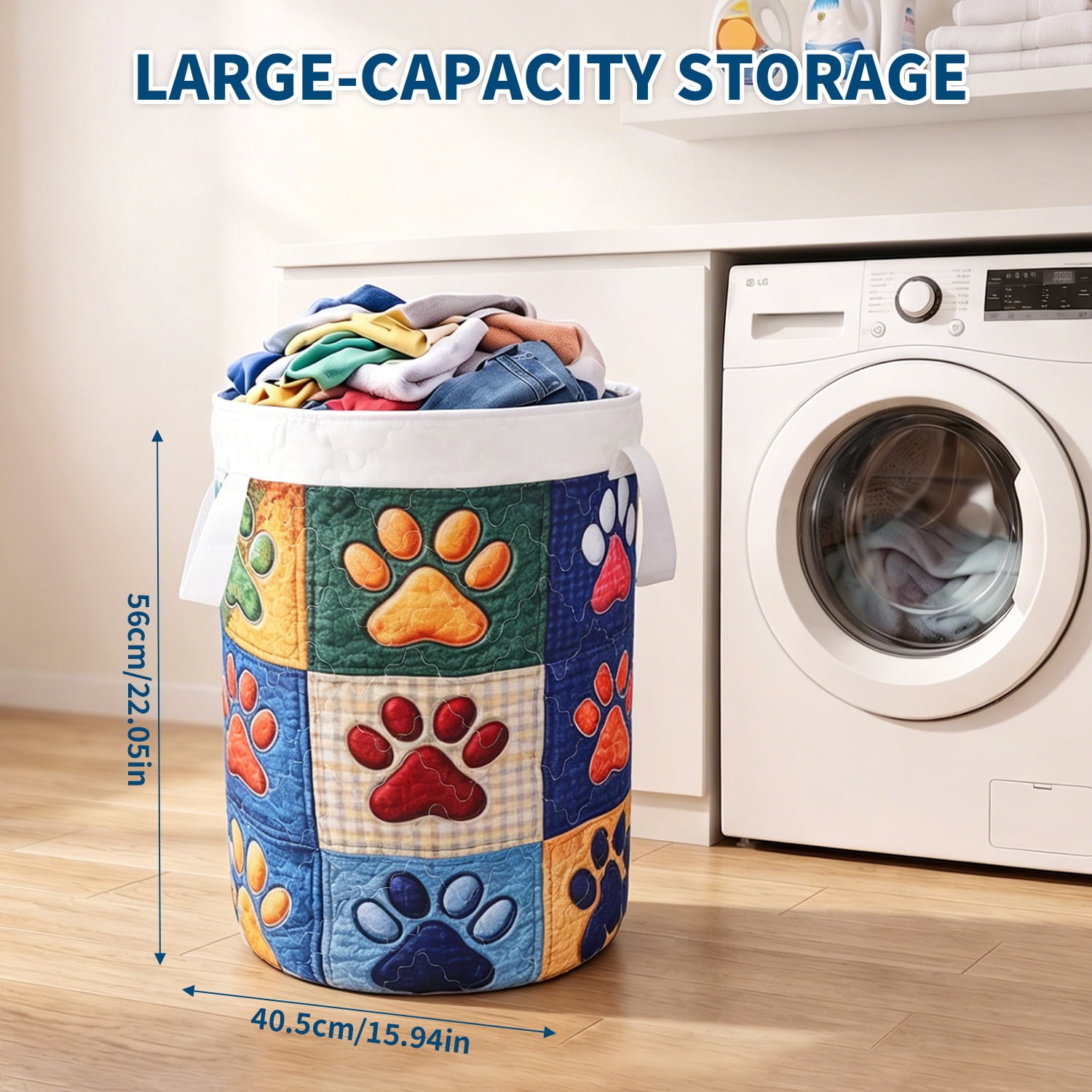 Yucurem Boho Fabric Floral Storage Hamper with Handle, Quilted Laundry Basket for Nursery Bedroom Laundry Room Clothes Toys (Big Dog Paw)