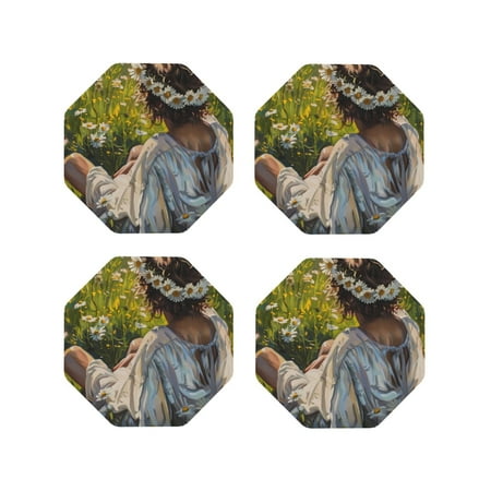 

Junzan Girl In Field Of Daisies Print Coasters for Drinks - Leather Coasters Set of 4 for Coffee Table for Housewarming/Kitchen/Bar/Decor-Octagon