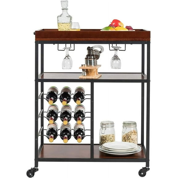LDAILY Moccha Wine Bar Serving Cart for Home, Wood Kitchen Stand w/Glasses Holder & 9 Wine Bottles Rack, Trolley Rolling Bar Cart with Wheels, Kitchen Island Cart