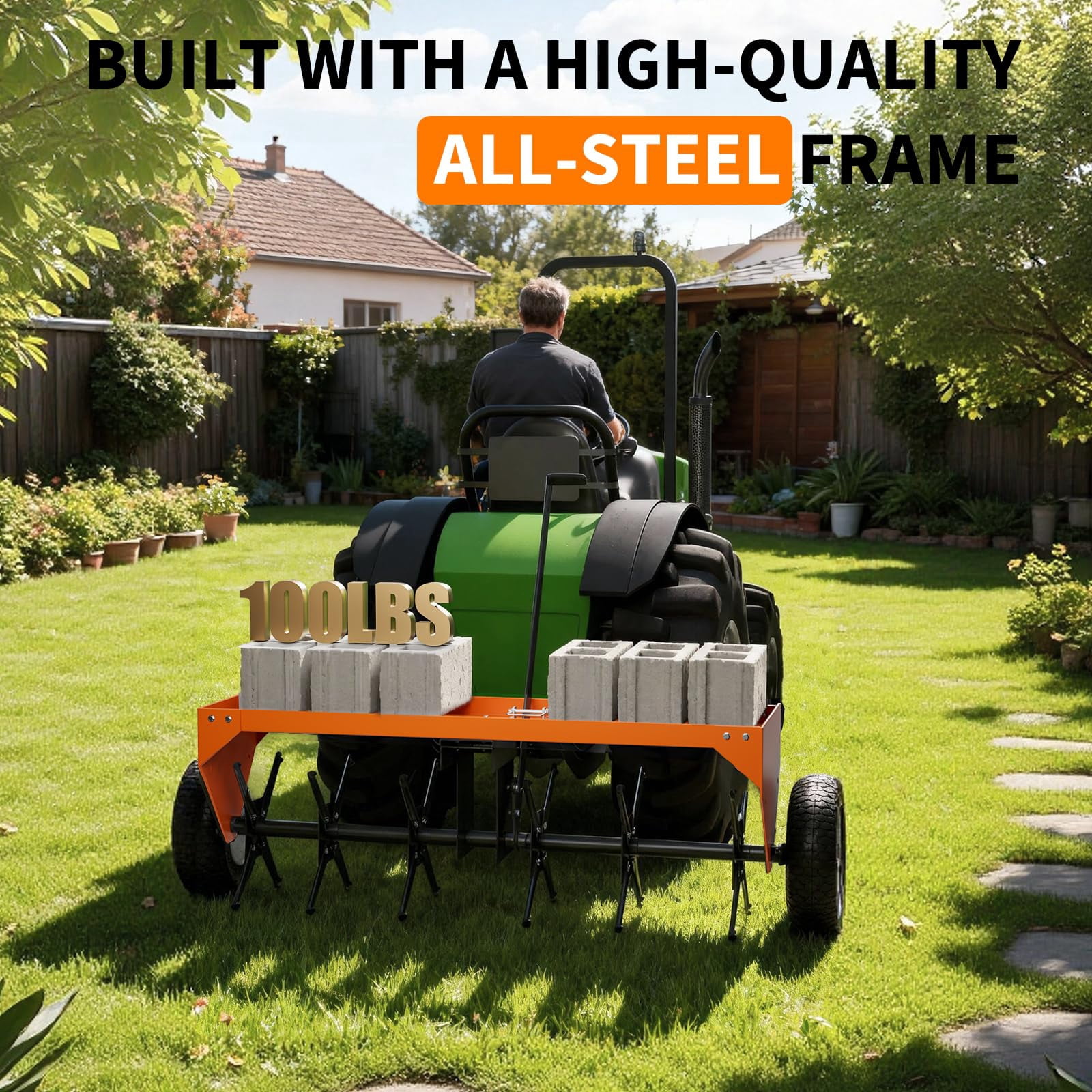 GARVEE 40-Inch Tow Behind Plug Aerator for Lawn Tractor ATV,Heavy Duty Lawn Soil Core Aerator w/ 24 Steel Coring Tines,150 Lb Weight Tray,Universal Hitch,Inflatable Wheels,Orange