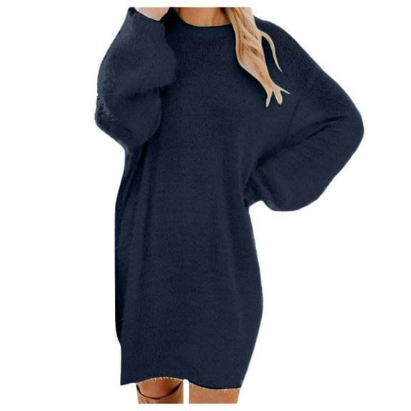 Women's Oversized Fuzzy Sweater Dress Long Sleeve Round Neck Cozy Midi Length Knit Winter Fall Casual Comfortable Soft Warm