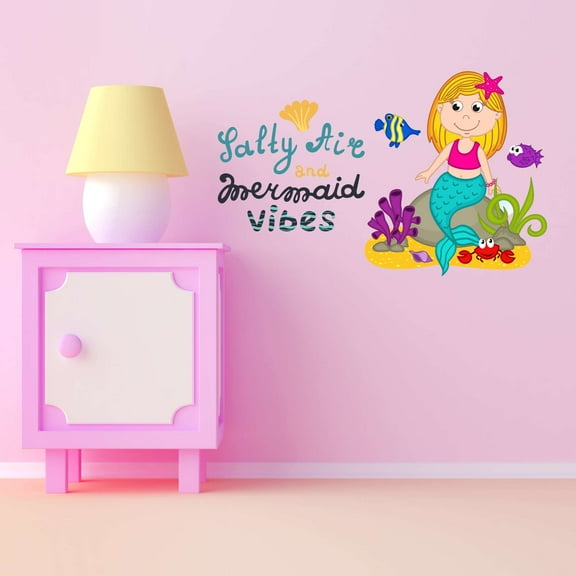 Salty Air Mermaid Vibes Seahorse Statfish Princess Fish Starfish Creatures Queen Sweet Dreams Bedtime Unicorn Lovely Dear Dream Holiday Decorating Bedroom Wall Decal Sticker - Size: 20 In X 12 In