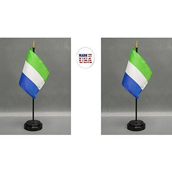 Made in The USA. 2 Sierra Leone Rayon 4"x6" Miniature Office Desk & Little Hand Waving Table Flags Includes 2 Flag Stands & 2 Small Mini Sierra Leonean Stick Flags