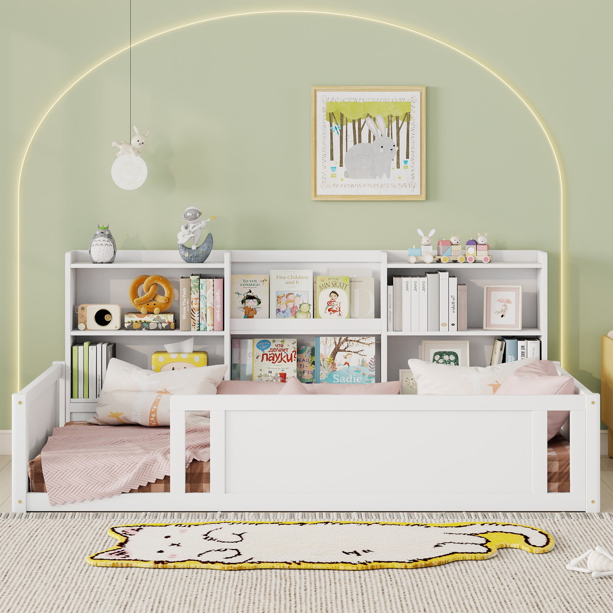 Mintazer Twin Size Montessori Floor Bed with Bookcase Headboard & Guardrails, Kids Platform Bed Frame with 6 Cubby Storage Shelves for Bedroom, White