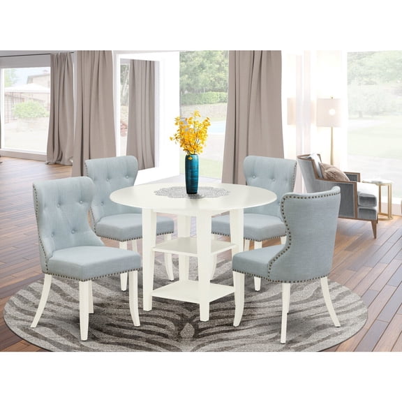 Vintage Parson Dining Set - 4 Chairs & Round Kitchen Table - Linen Fabric - Blue & White