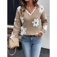 thumbnail image 3 of Women'S Pink V-Neck Floral Sweater with White Daisy & Brown Center Design - Long Sleeve, Ribbed Cuffs, Casual Style, Perfect for Spring/Fall, Casual Wear|Floral Pattern Top|Ribbed Cuffs, 3 of 4