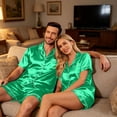 thumbnail image 6 of VV AVEORS Satin Matching Pajamas For Couples Silk Button Down Pjs Set Women/Men Short Sleeve Soft Sleepwear 2 Pcs Loungewears Green XL, 6 of 8