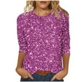 thumbnail image 2 of Women's 3/4 Sleeve Blouses Glitter Tops Crewneck Pullover Sweater Basic Casual Solid Color Tunic Tops Purple XXL, 2 of 5