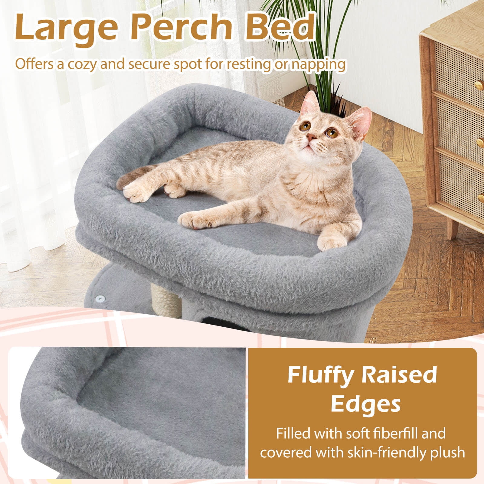 Costway 26” Small Cat Tree with Large Padded Plush Perch, 2 Condos, Sisal Scratching Posts Light Gray