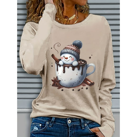 [Christmas Snowman T-Shirt] Women's Cozy Christmas Snowman Graphic Long Sleeve T-Shirt - Soft Beige Crew Neck, Machine Washable, Festive Holiday Design with Hot Cocoa & Candy Canes