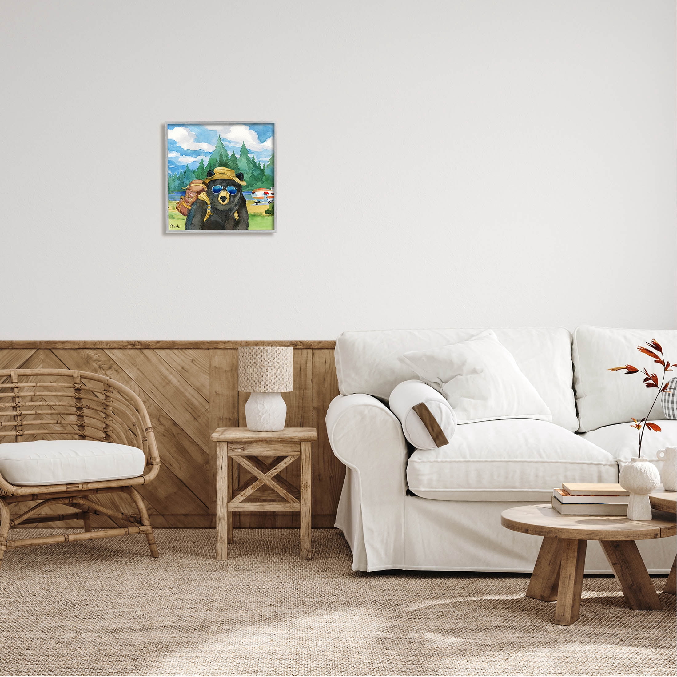 Stupell Industries Happy Camper Black Beer Hiker Painting Gray Framed Art Print Wall Art, Design by Paul Brent