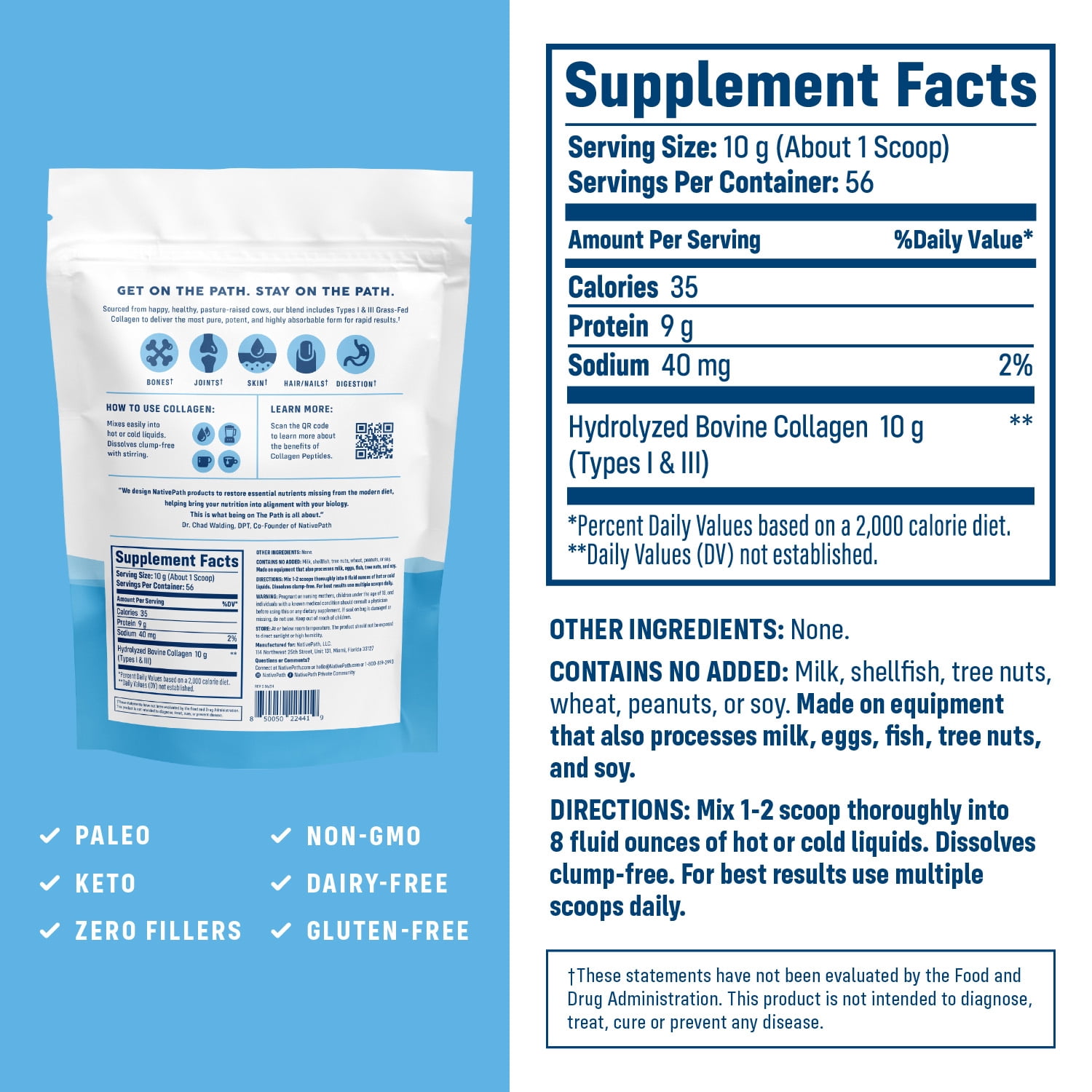 NativePath Collagen Peptides Protein Powder, Grass-Fed Type 1 and 3, Unflavored, 56 Servings