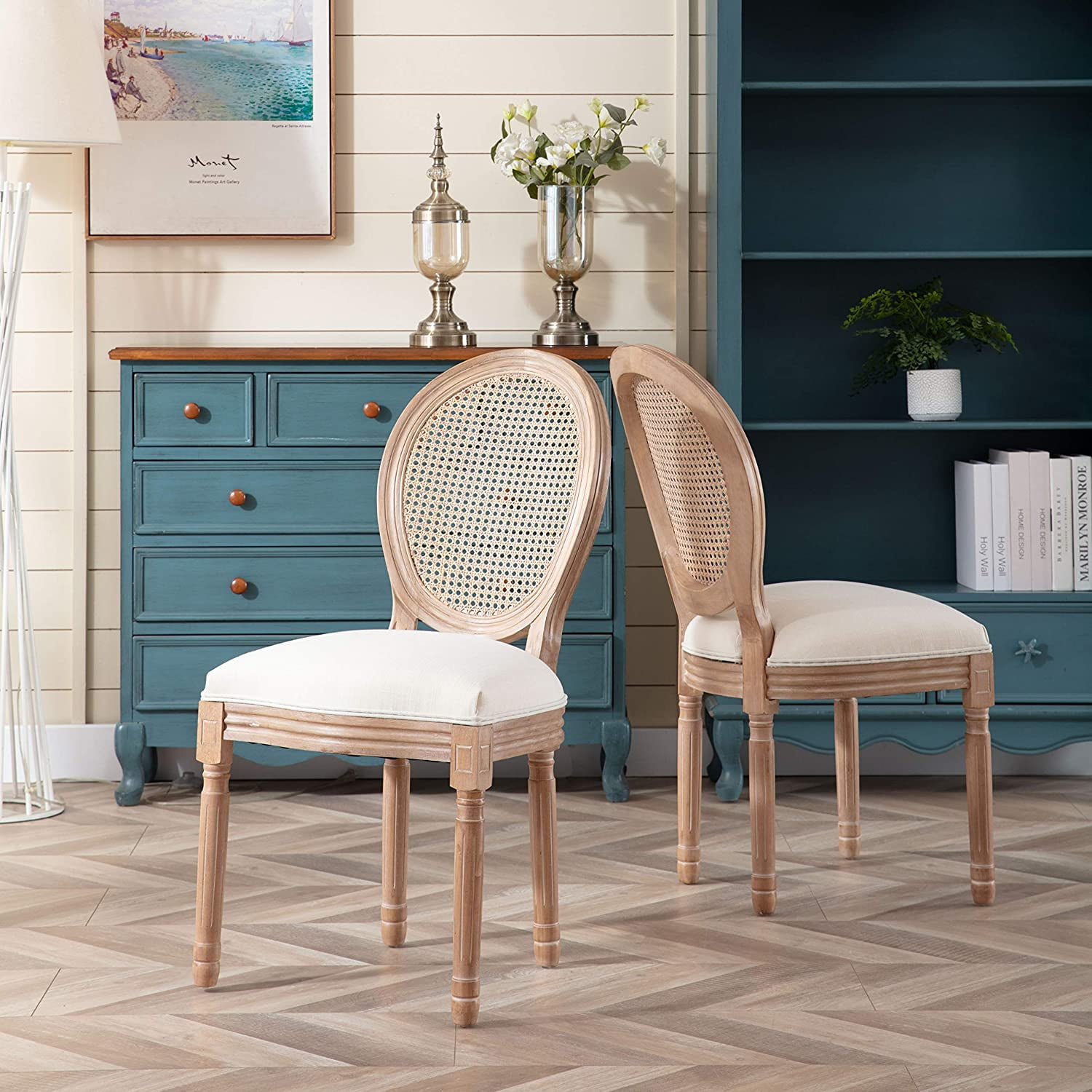 Sumdeal French Dining Chairs Set, Upholstered Vintage Farmhouse Chair,Mid Century Fabric Chair with Solid rubberwood Leg for Dining Room Bedroom Kitchen Restaurant