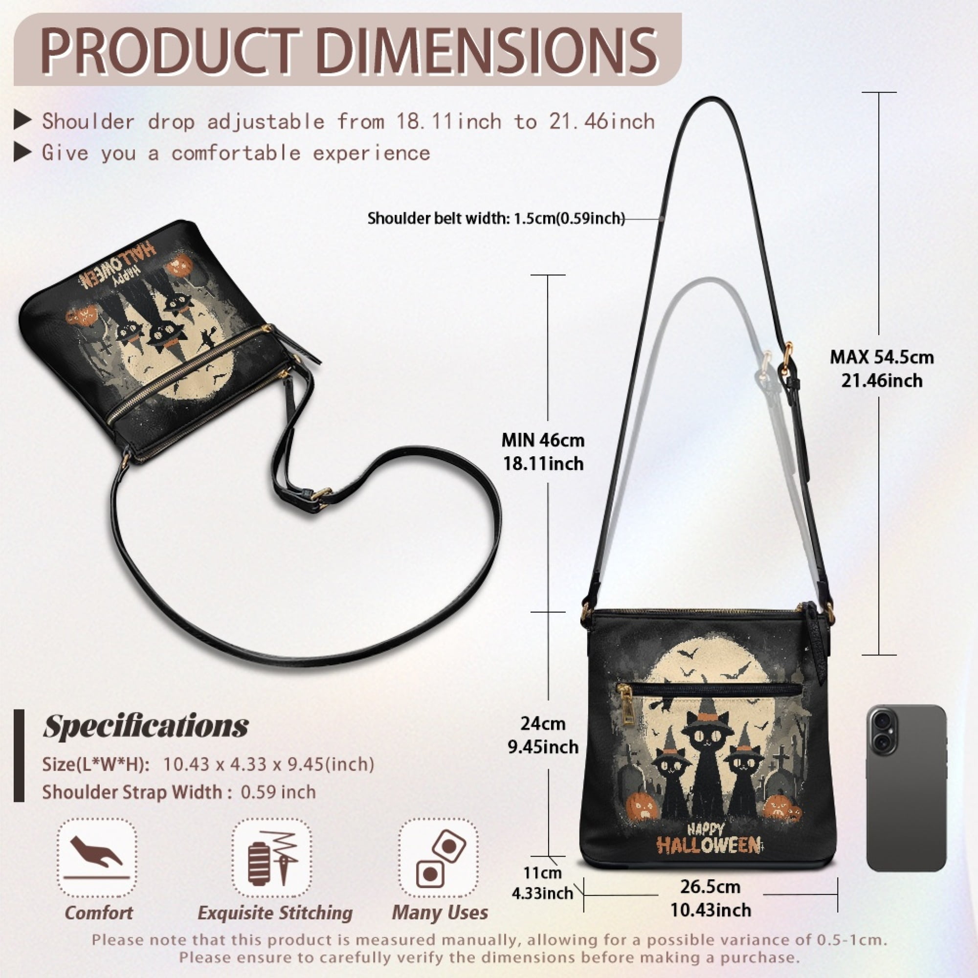 Kuiaobaty Kitten Pumkin Grave Print Crossbody Bag for Women, Lightweight Multi Pocket Vegan Leather Shoulder Purse, Waterproof Travel Crossbody Handbag, Trendy Sling Bag for Halloween