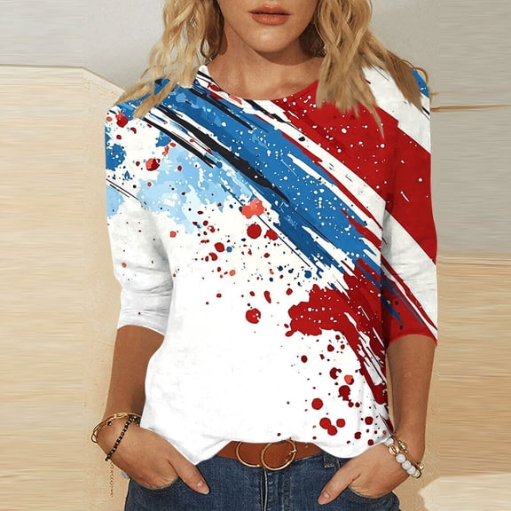 MORESEC Women's 4th of July Plus Size Graphic T-Shirt 3/4 Sleeve Round Neck Casual Tee Independence Day Patriotic Top Holiday Vacation Fashion Clothes, White S