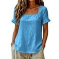 thumbnail image 6 of QUNYINEY Cotton Linen Women's Tshirt Ruffle Summer Short Sleeve Tunic Tops Loose Fit Square Neck Solid Casual Pullover Shirts, 6 of 7