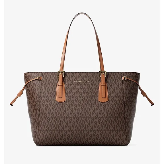 Michael Kors Voyager Large Signature MK Logo Top-Zip Tote Bag Brown