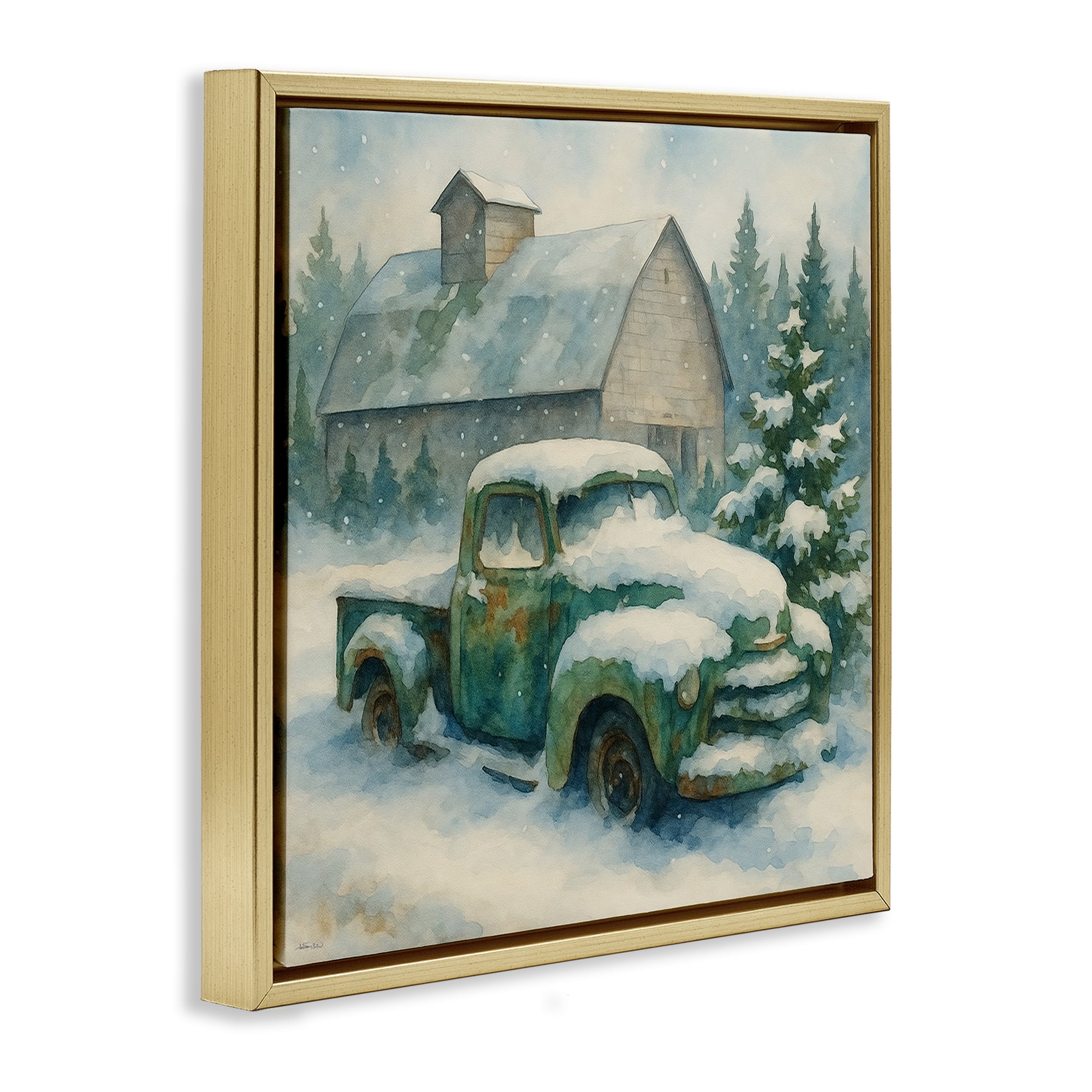 Stupell Industries Nostalgic Winter Farm Truck Gold Framed Floater Canvas Wall Art, design by Antony Smith
