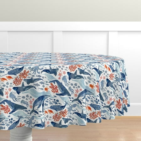 

Cotton Sateen Tablecloth 90 Round - Ocean Life Animals Whales Turtle Jellyfish Watercolor Sea Coral Reef Fish Nursery Octopus Starfish Print Custom Table Linens by Spoonflower