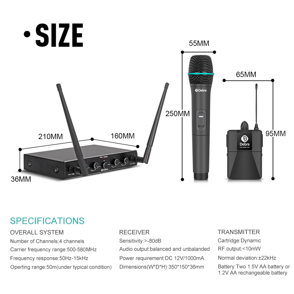 D Debra Cordless Audio Pro UHF 4 Channel Wireless Microphone System