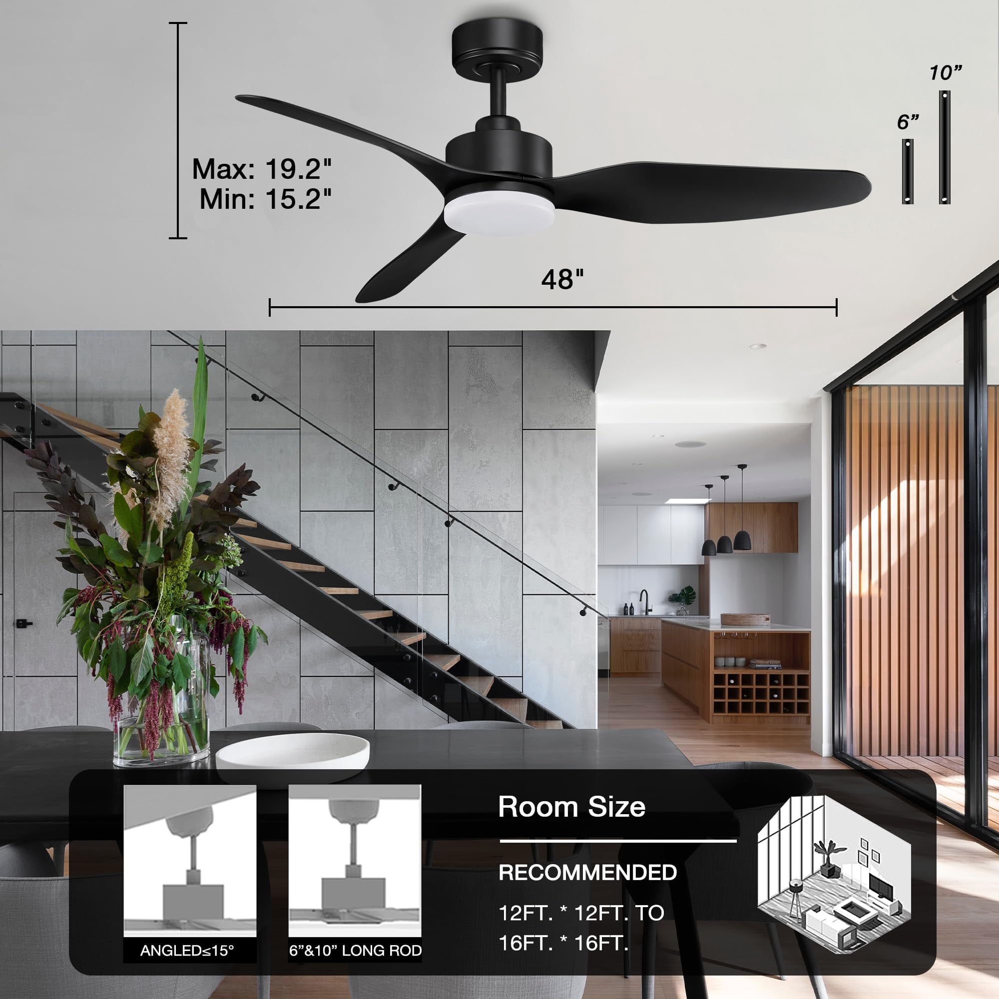 48" Smart Ceiling Fans with LED Lights Remote,Quiet DC Motor,Dimmable,Outdoor Indoor Modern Ceiling Fan Controlled by WIFI Alexa App,3 Black Blades for Bedroom Living Room Patio Porch