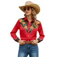 thumbnail image 3 of Women Western Cowgirl Cowboy Shirts Button Down Tops Floral Print Long Sleeve Snap Outfits Spring Fall Red S, 3 of 5