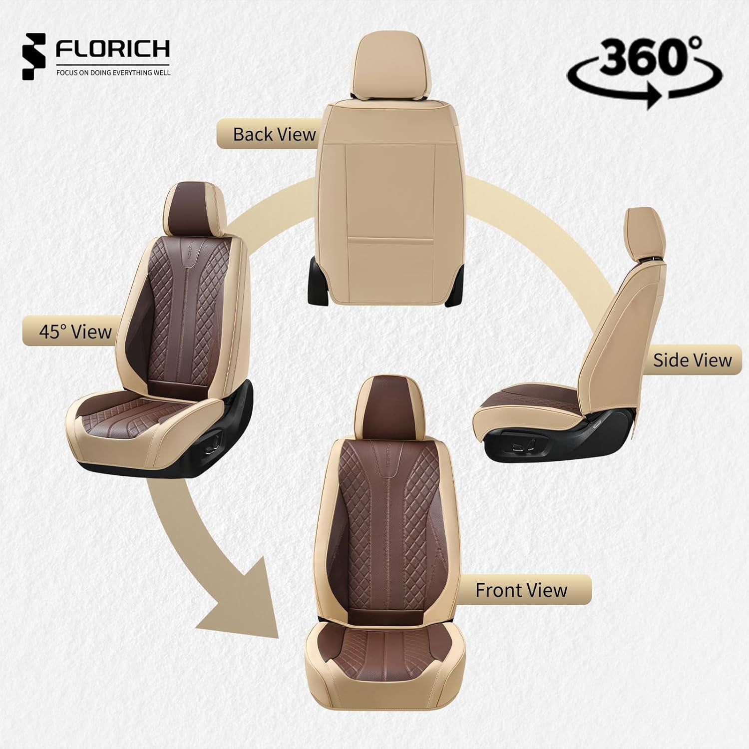 FLORICH Full Set Car Seat Covers, Premium Faux Leather Seat Protectors, Breathable Material Cushions Universal Fit for Most Cars, Beige & Coffee