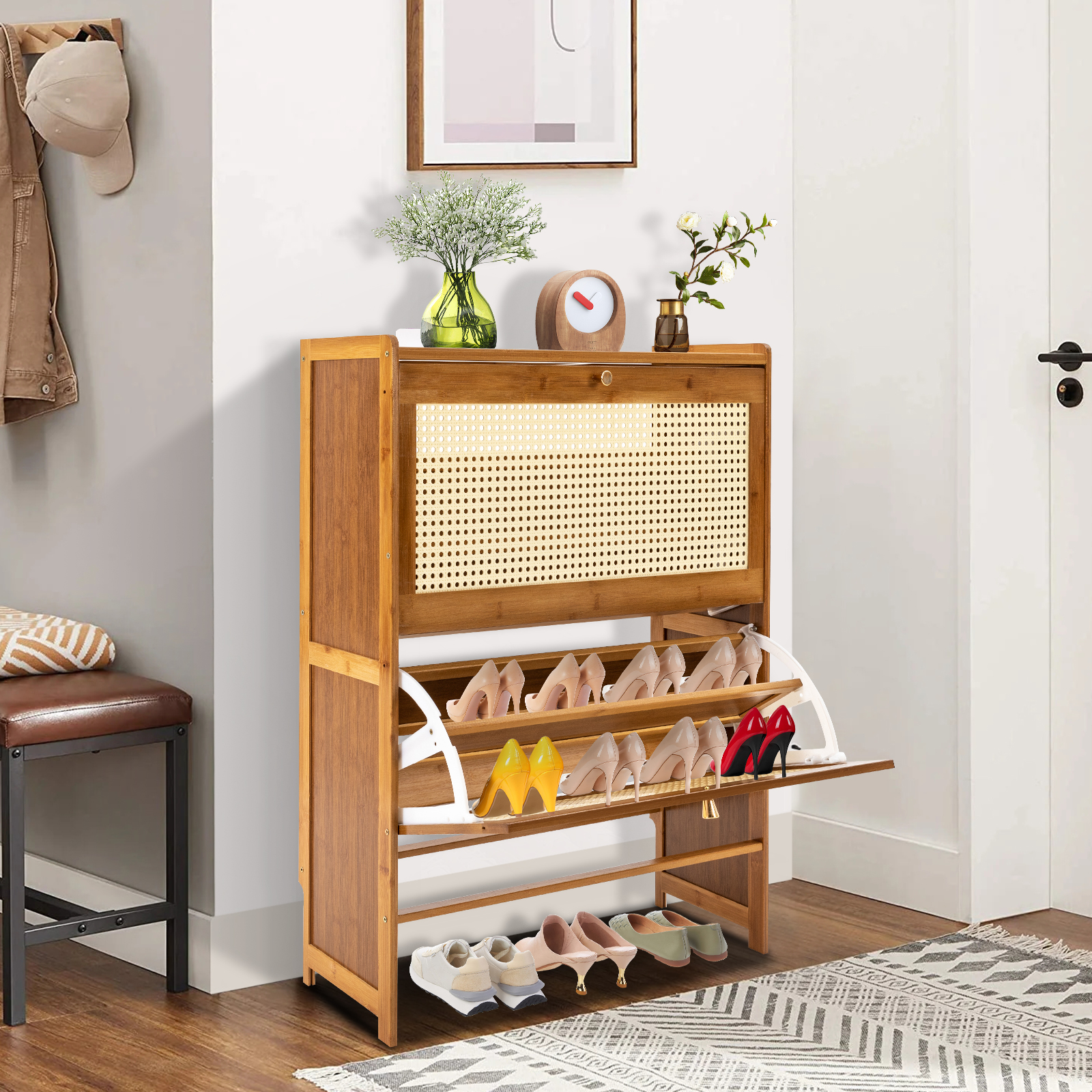 Wildnix 4-Tier Free Standing Rattan Shoe Rack with Flip Doors, Raised Baffle, Spacious Storage, Stylish Wood Grain Design for Entryway or Bedroom