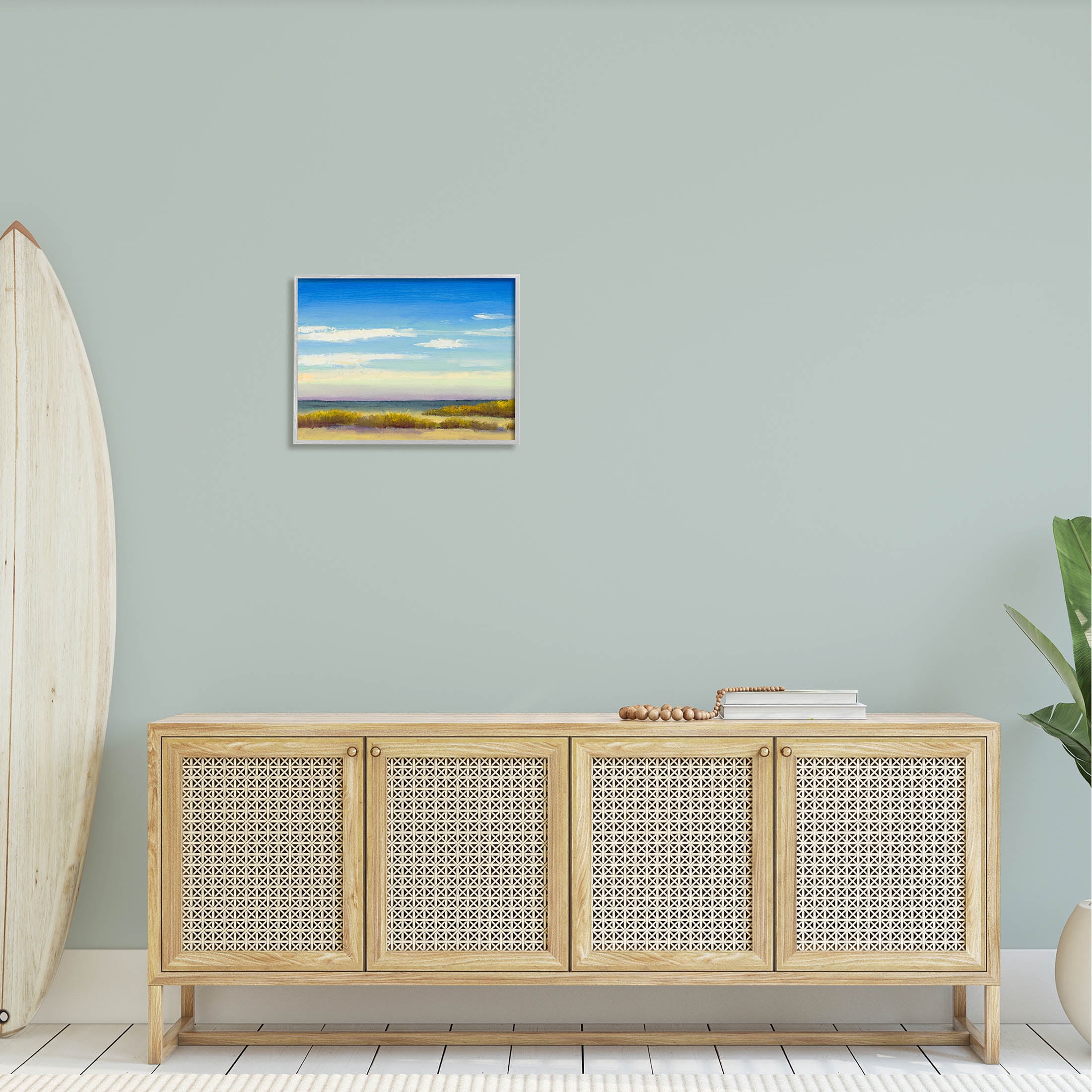 Coastal Beach Vivid Blue Sky Coastal Painting Gray Framed Art Print Wall Art