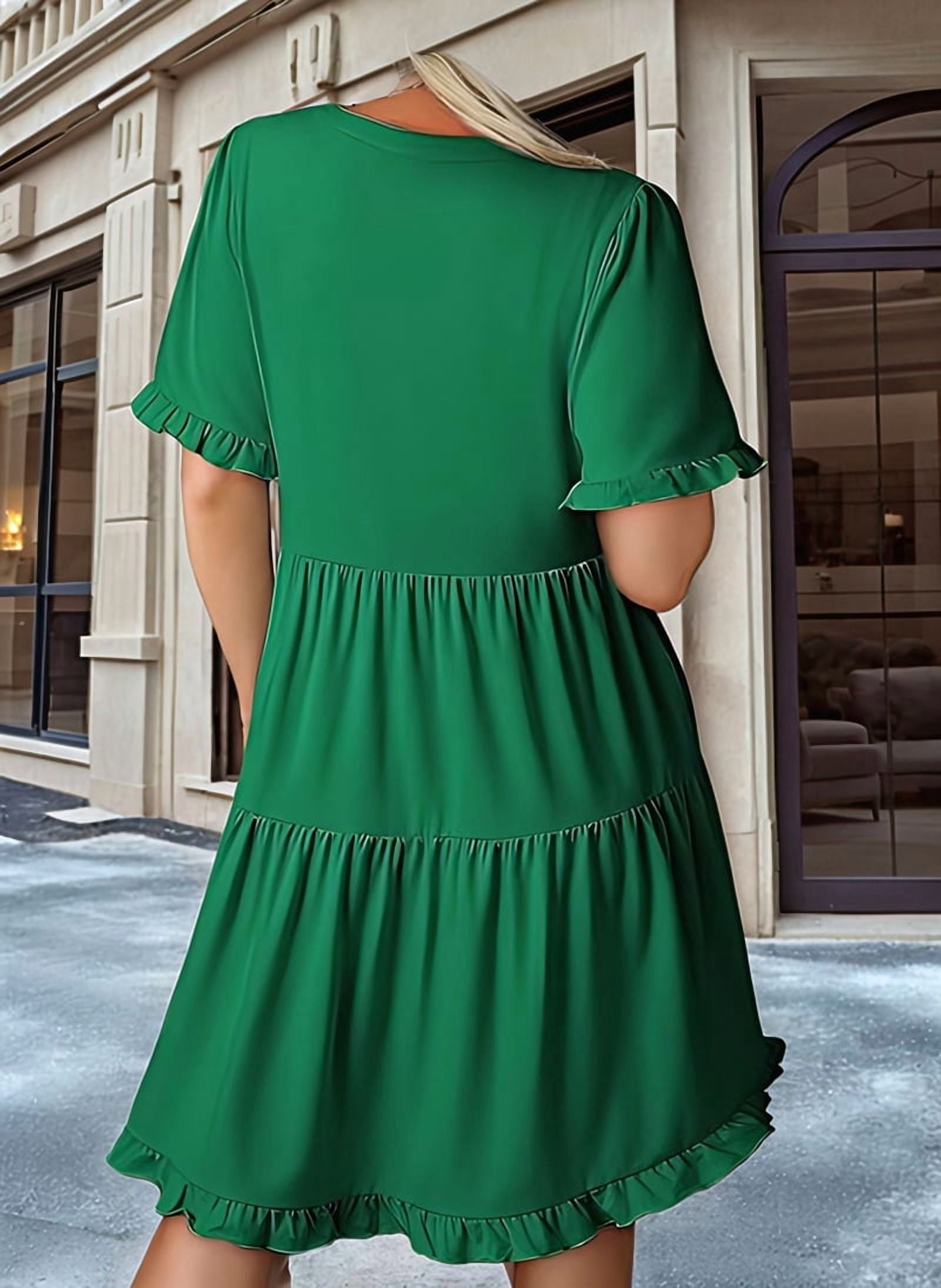 Womens Dresses 2025 Summer Spring V Neck Short Sleeve Casual A Line Flowy Swing Shift Dress Mini Dress Green XXL