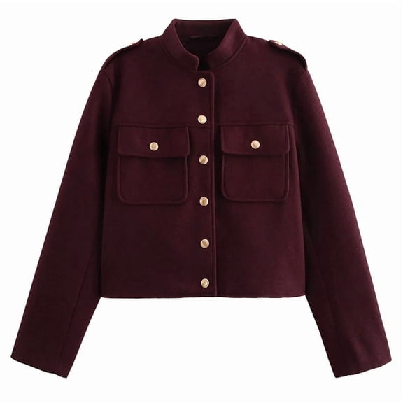 Female Fashion Cropped Jacket Button Down Shirt Shacket Jackets Light-Weight Spring Jackets Trendy Wine Red XS