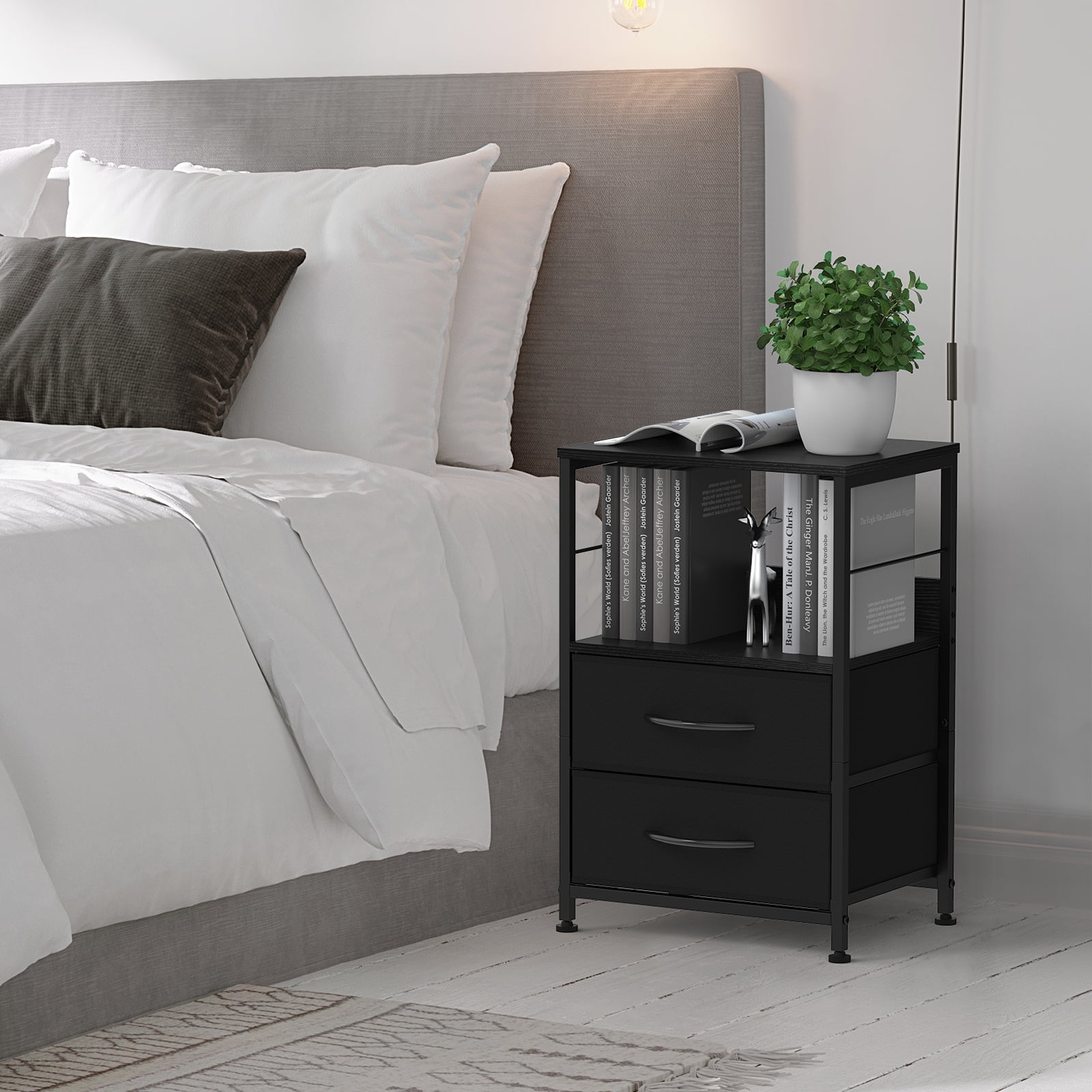 Oumilen Adult Nightstand for Bedroom End Side Table with 2 Drawers and Open Shelf Wood, Black Set of 2