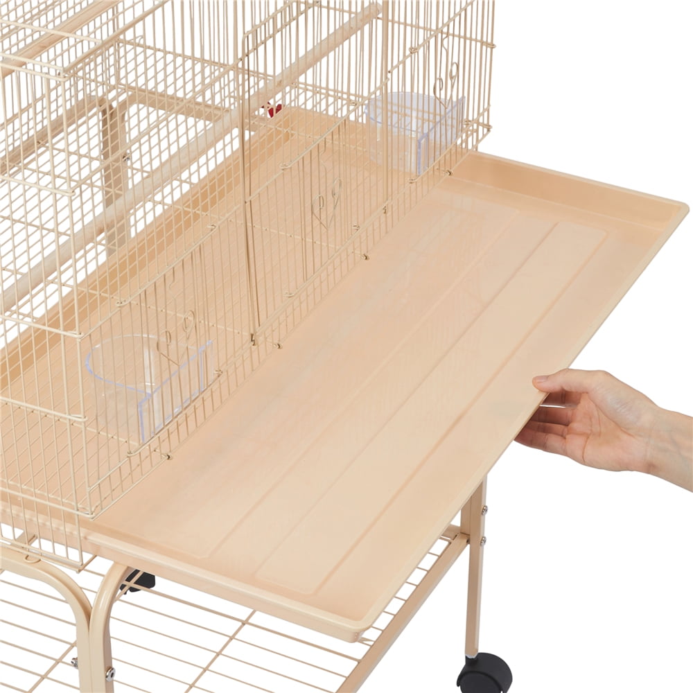 Renwick 47"H Rolling Stand Flight Metal Bird Cage with Slide-Out Tray for Small Birds, Almond