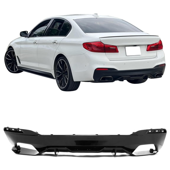 Ikon Motorsports Rear Bumper Diffuser Fits 2017-2023 BMW 5 Series G30 Sedan M Sport, M Perfermance Style Gloss Black PP, Lower Spoiler w/ Shark Fin, 2PCS
