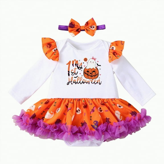 mgoYE Baby Girl Fall Clothes My 1st Halloween Pumpkin Long Sleeve Tutu Dress Romper Headband|Beige 1-3 Months