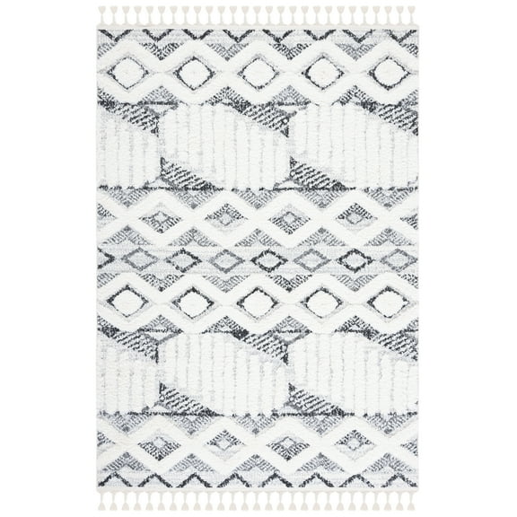 SAFAVIEH Moroccan Tassel Olgica Diamond Shag Area Rug, Ivory/Grey, 6'7" x 9'2"