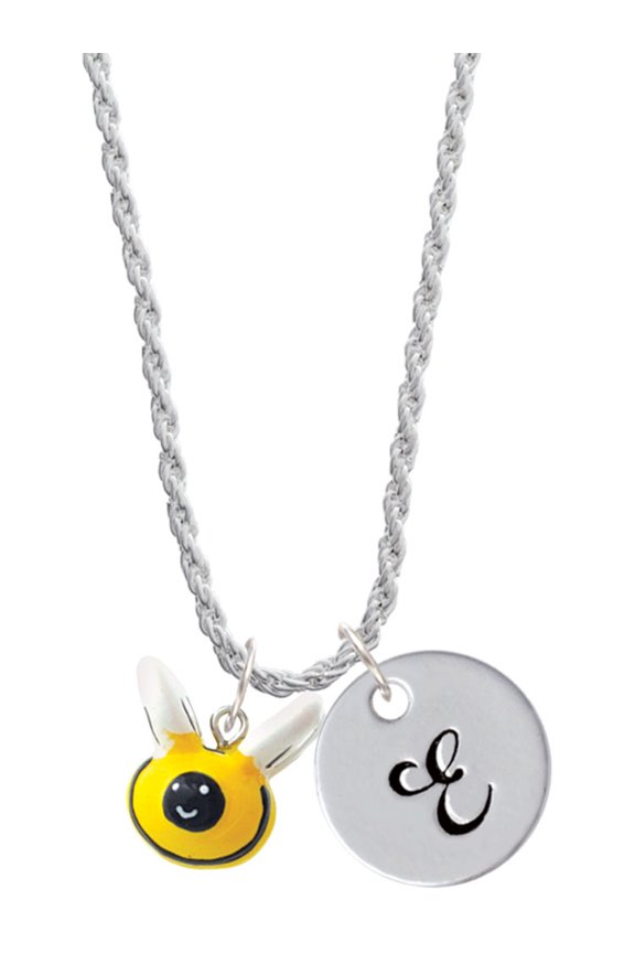 Resin Bumble Bee Silvertone Script Initial Disc - E - Charm Necklace, 20"+3"